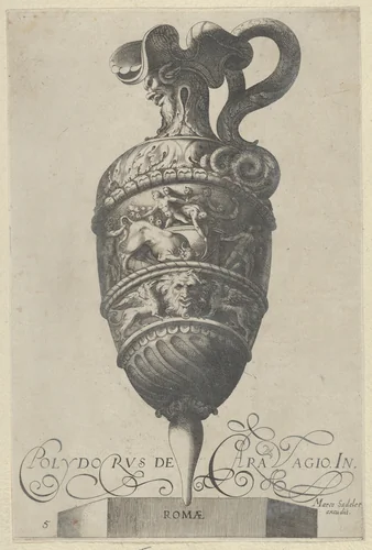 Plate 5: Vase or Ewer with a Double Frieze, the Top shows Men Wrestling a Bull, the Bottom contains a Mask and Two Griffins, from "Antique Vases" (Vasa a Polydoro Caravagino) by Aegidius Sadeler II, print, 1605