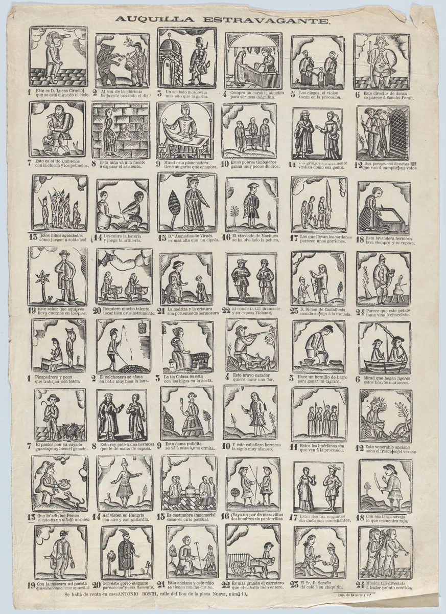 Broadside with 48 extraordinary scenes by Antonio Bosch, print, 1855-1865