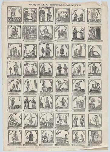 Broadside with 48 extraordinary scenes by Antonio Bosch, print, 1855-1865