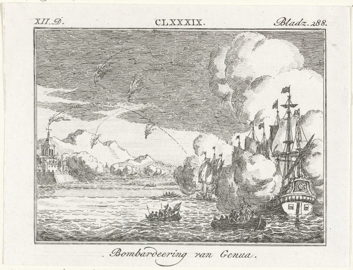Bombardement van Genua, 1684 by Simon Fokke, print, 1722-1784