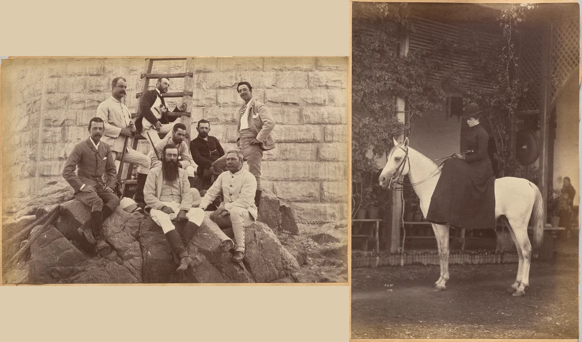 Managing staff of Meprs. Glover & Co. at Sindh Bridge (recto, top); Untitled: Woman on horse (verso, right) by Raja Deen Dayal, photograph, 1877-1892