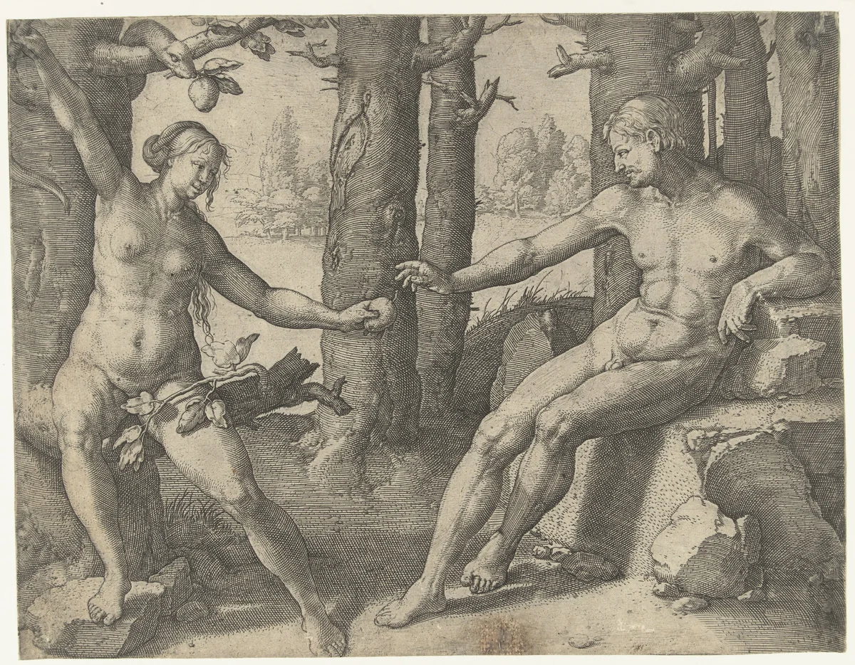 De zondeval by Lucas van Leyden, print, 1528-1532