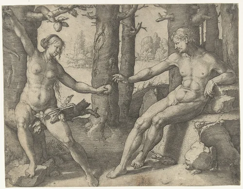 De zondeval by Lucas van Leyden, print, 1528-1532