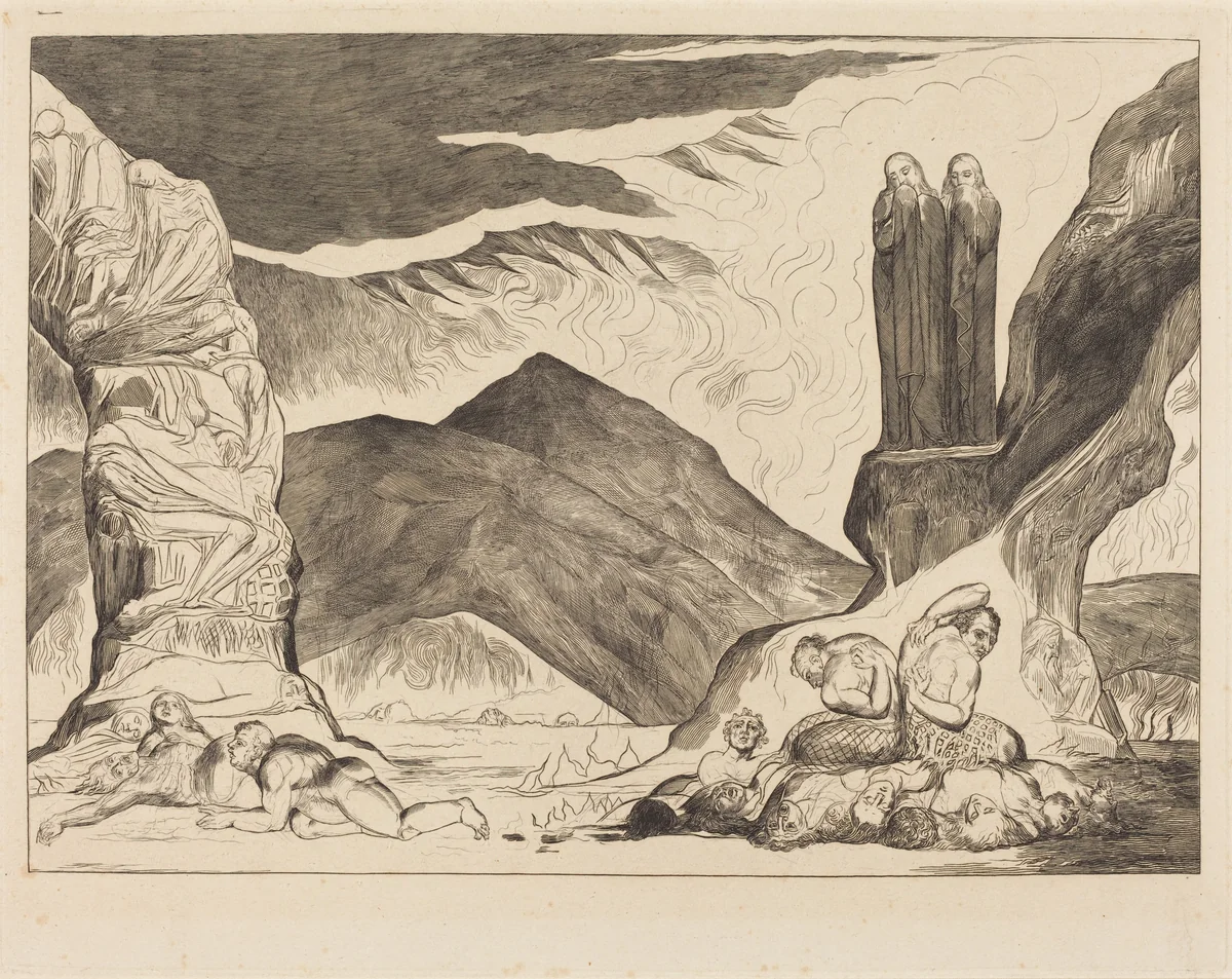 The Circle of the Falsifiers: Dante and Virgil Covering their Noses because of the st by William Blake, print, 1827