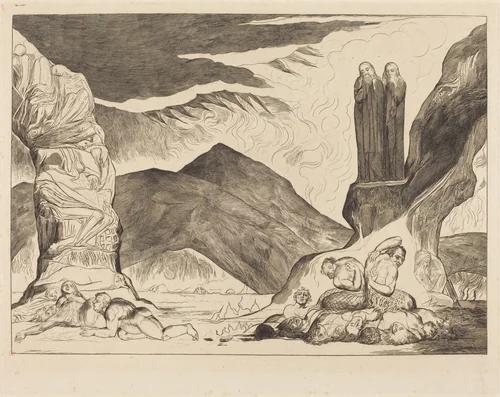 The Circle of the Falsifiers: Dante and Virgil Covering their Noses because of the st by William Blake, print, 1827