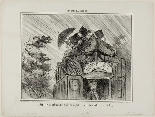 “- Just 15 cents for a full bath.... what a deal!,” plate 12 from Croquis Parisiens by Honoré-Victorin Daumier, print, 1856
