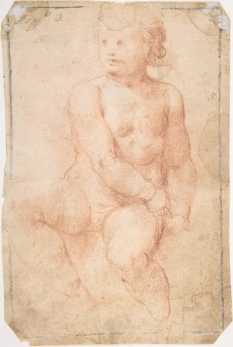 Study of a Seated Putto Looking at His Right (recto); A Woman's Head, Study after the Antique (verso) by anonymous, drawing, 1590-1630