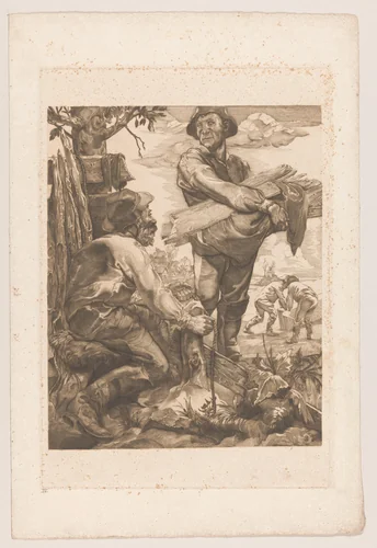 Twee arbeiders met touw en planken by Johannes Josephus Aarts, print, 1881-1934