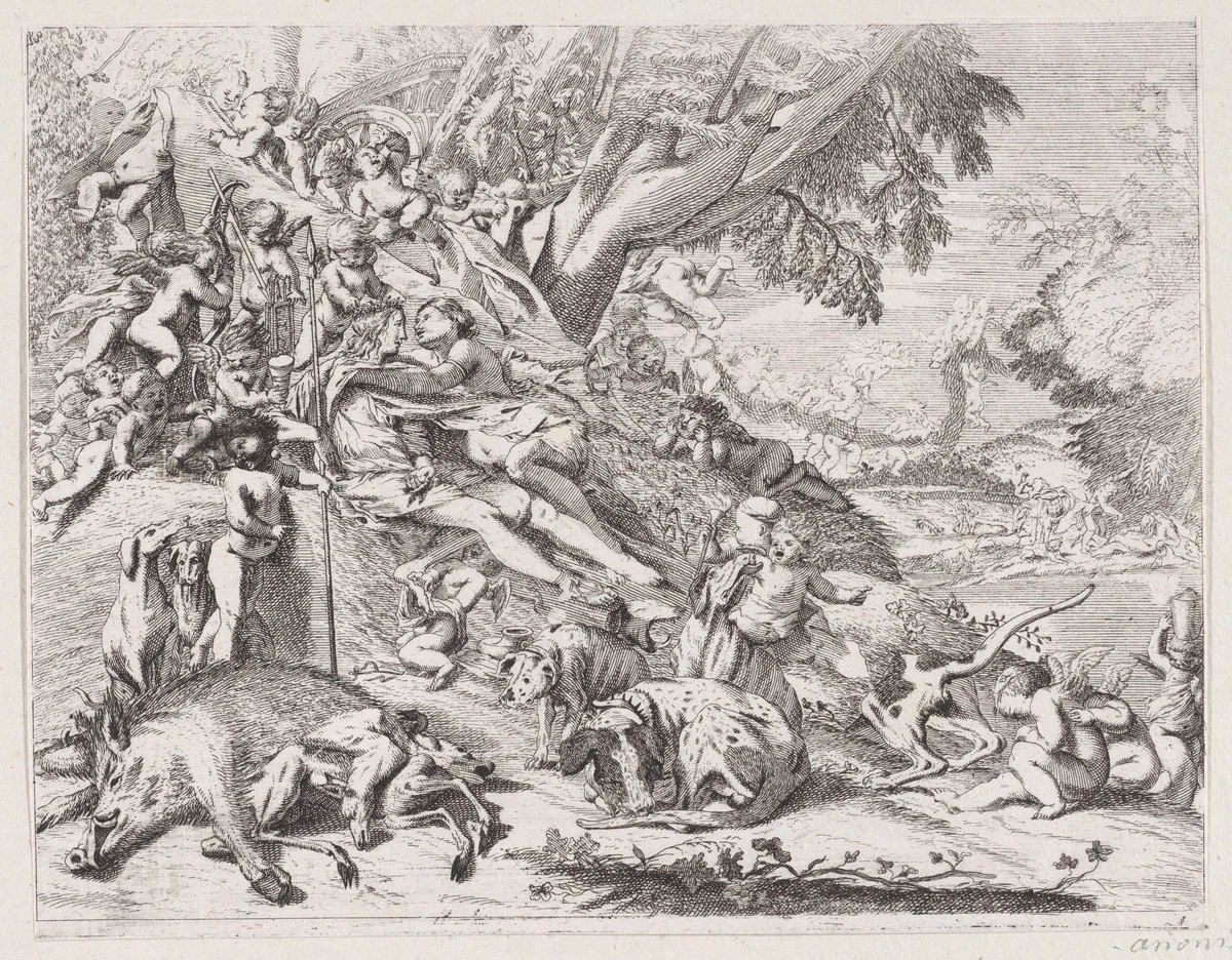 Venus and Adonis embracing after the hunt by anonymous, print, 1650-1700