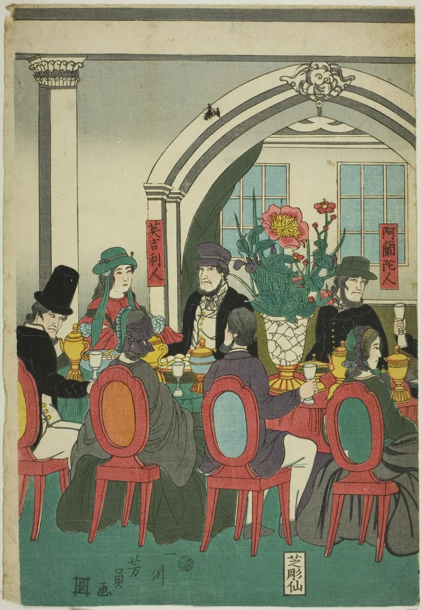 Foreigners from Five Nations at a Banquet (Gokakoku ijin shuen no zu) by Utagawa Yoshikazu, print, 1861