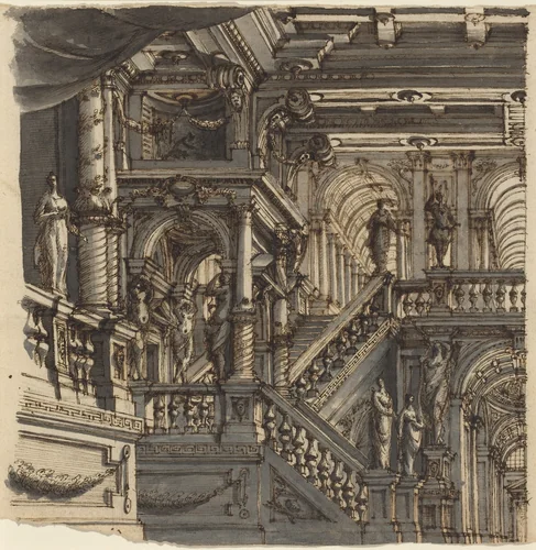 An Elaborate Staircase in a Palace by Bibiena, drawing, 1680-1799
