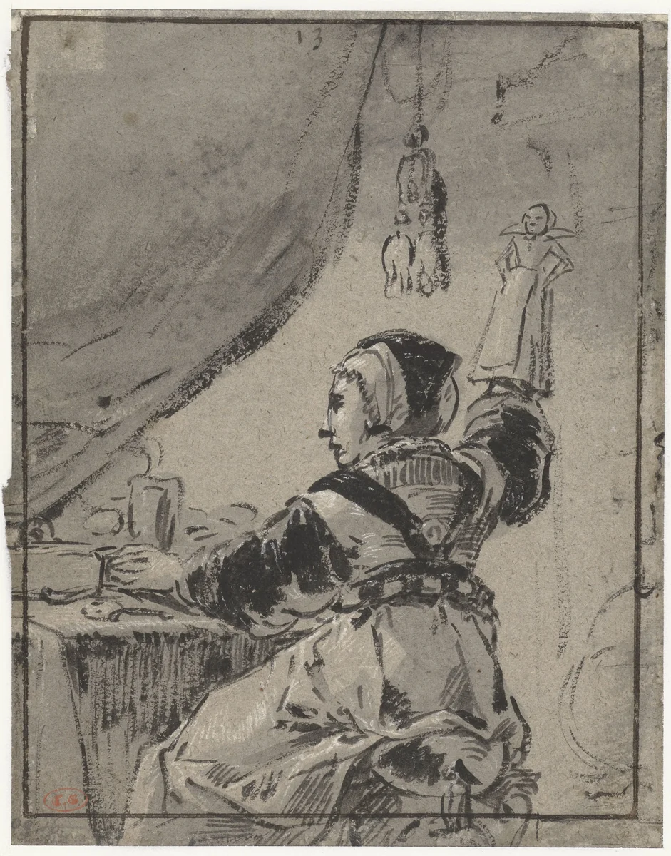 Vrouw met een pop by Leonaert Bramer, drawing, 1606-1674