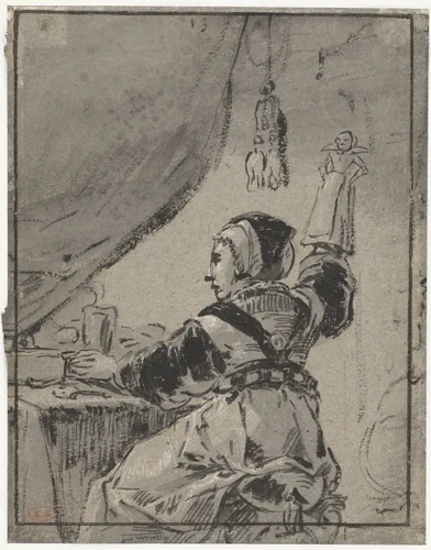 Vrouw met een pop by Leonaert Bramer, drawing, 1606-1674