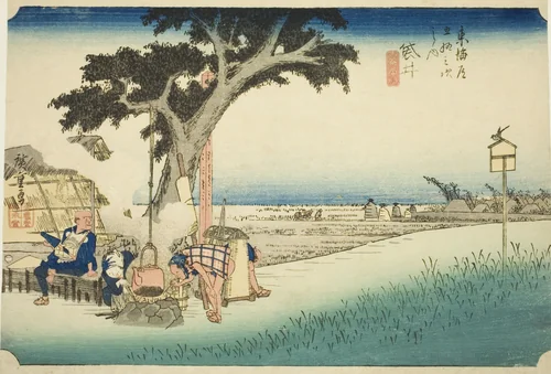 Fukuroi: Tea Stall (Fukuroi, dejaya no zu), from the series "Fifty-three Stations of the Tokaido (Tokaido gojusan tsugi no uchi)," also known as the Hoeido Tokaido by Utagawa Hiroshige (歌川広重), print, 1828-1839