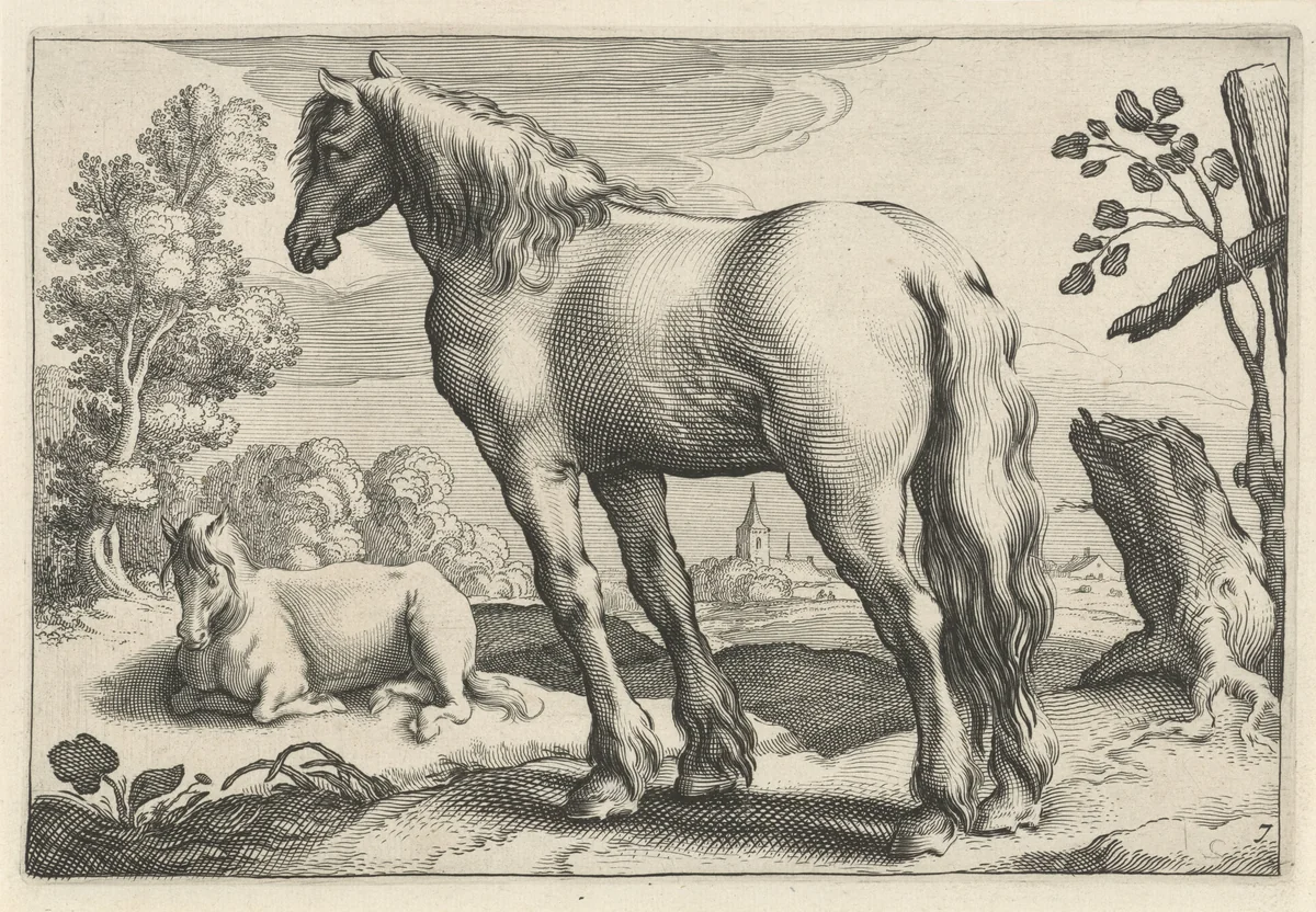 Landschap met twee paarden by Reinier van Persijn, print, 1641