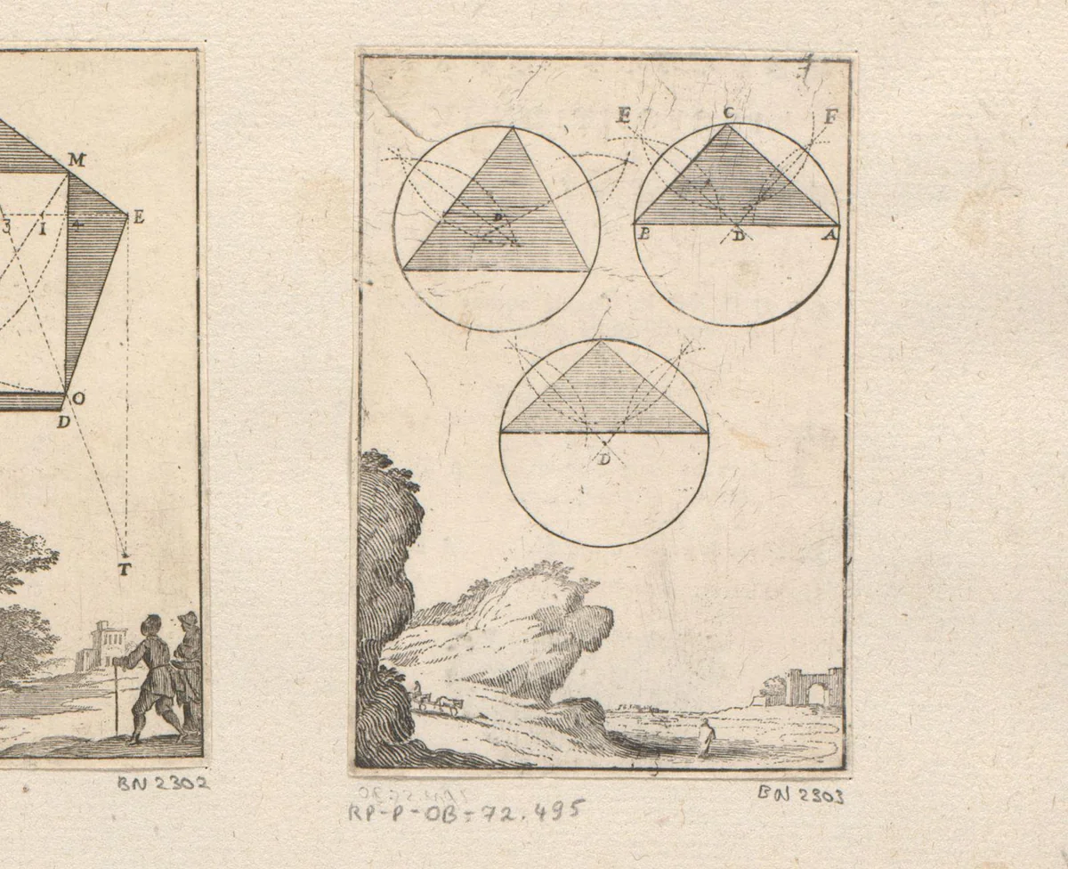 Constructie van driehoeken in cirkels met onderaan een berglandschap by Sébastien Leclerc, print, 1669