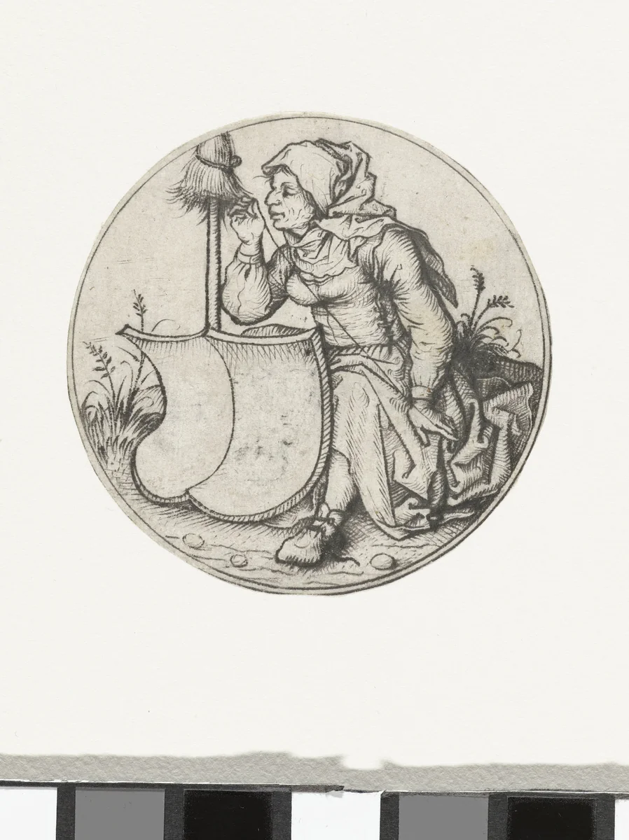 Spinnende boerin met een blank wapenschild by Meester van het Amsterdamse Kabinet, print, 1475-1480