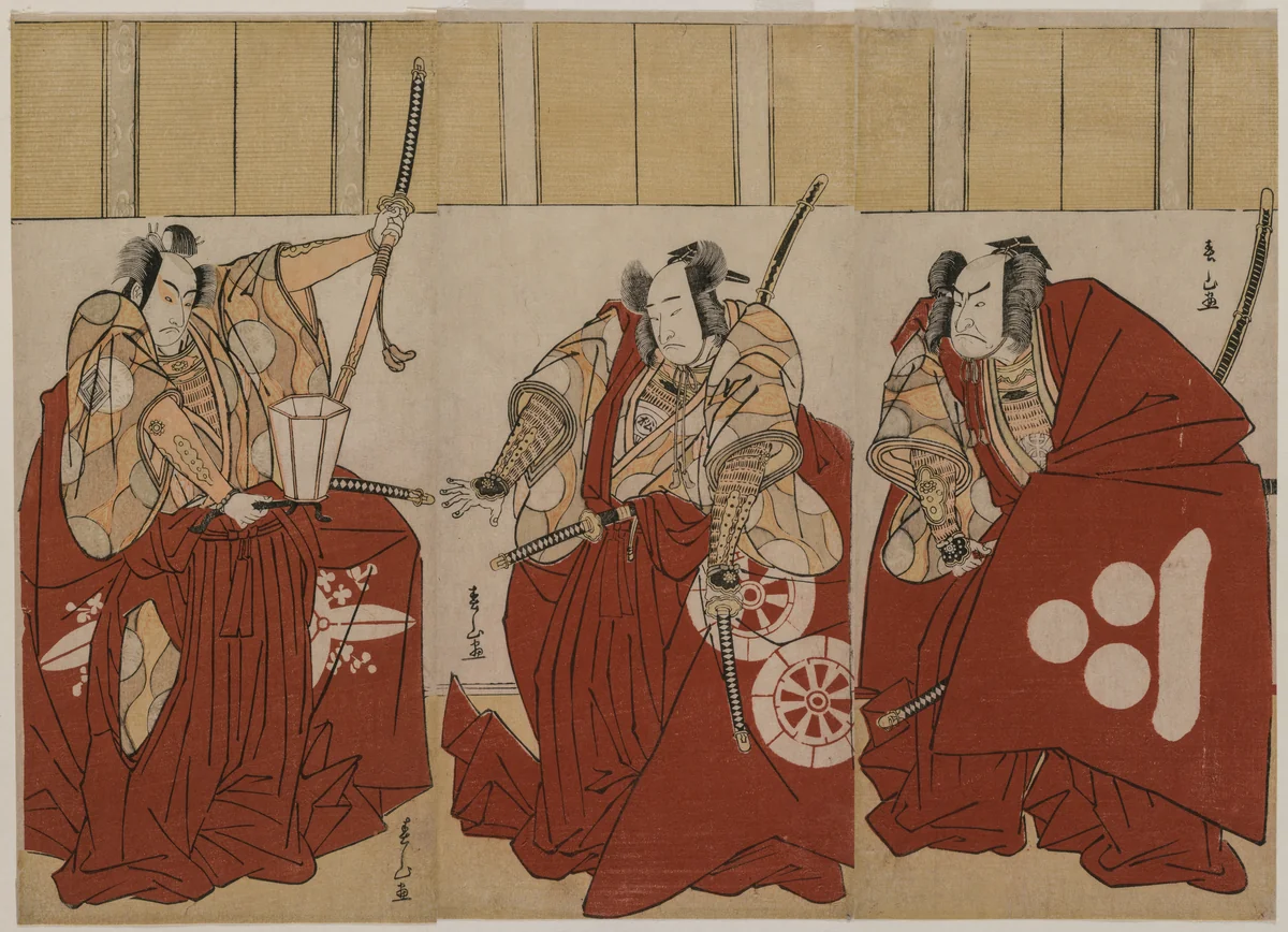 Ichikawa Monnosuke II as Urabe Suetake, Onoe Matsusuke I as Usui Sadamitsu, and Nakamura Nakazo I as Watanabe no Tsuna in “The Four Heavenly Kings Costumed as the Night Watch” by Katsukawa Shunzan, print, 1781