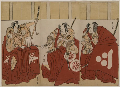 Ichikawa Monnosuke II as Urabe Suetake, Onoe Matsusuke I as Usui Sadamitsu, and Nakamura Nakazo I as Watanabe no Tsuna in “The Four Heavenly Kings Costumed as the Night Watch” by Katsukawa Shunzan, print, 1781