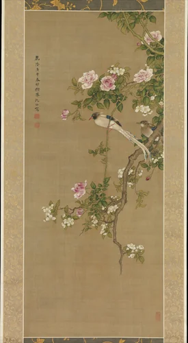 Crabapple, China rose, and Indian flycatcher by Shen Quan (沈銓), painting, 1750