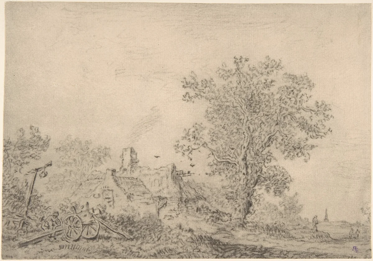 Landscape with cottages and a figure by a cart by Pieter de Molijn, drawing, 1605-1661
