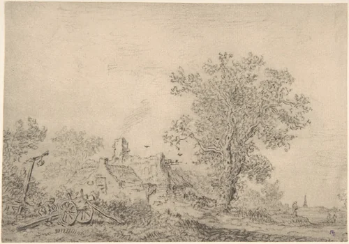 Landscape with cottages and a figure by a cart by Pieter de Molijn, drawing, 1605-1661