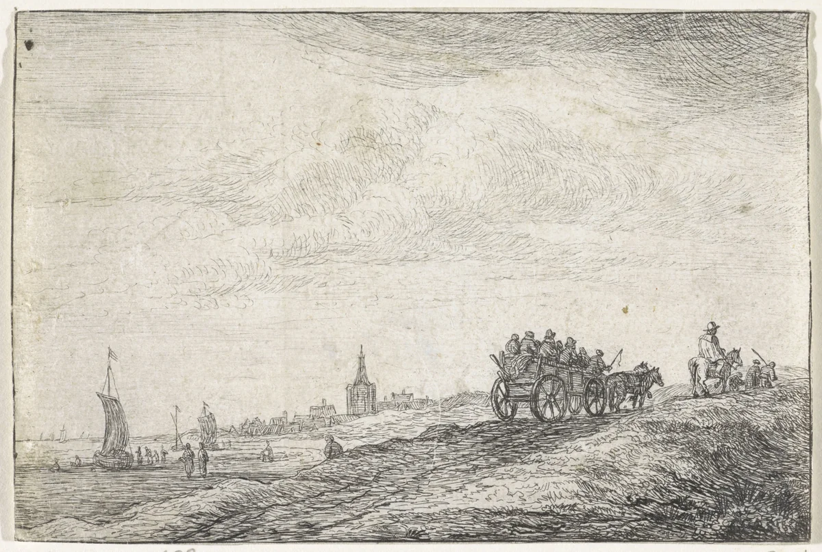 Kustlijn met paard en wagen by Anthonie Waterloo, print, 1630-1663