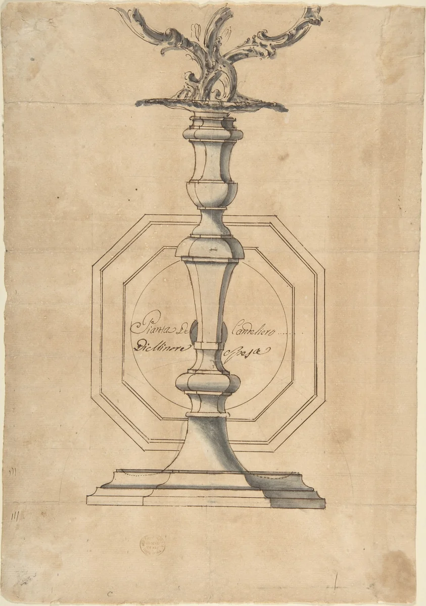 Candlestick with Three Branches by anonymous, drawing, 1700-1800