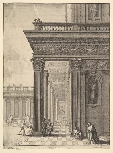 Temple colonnade and courtyard with figures by Wenceslaus Hollar, print, 1644-1652
