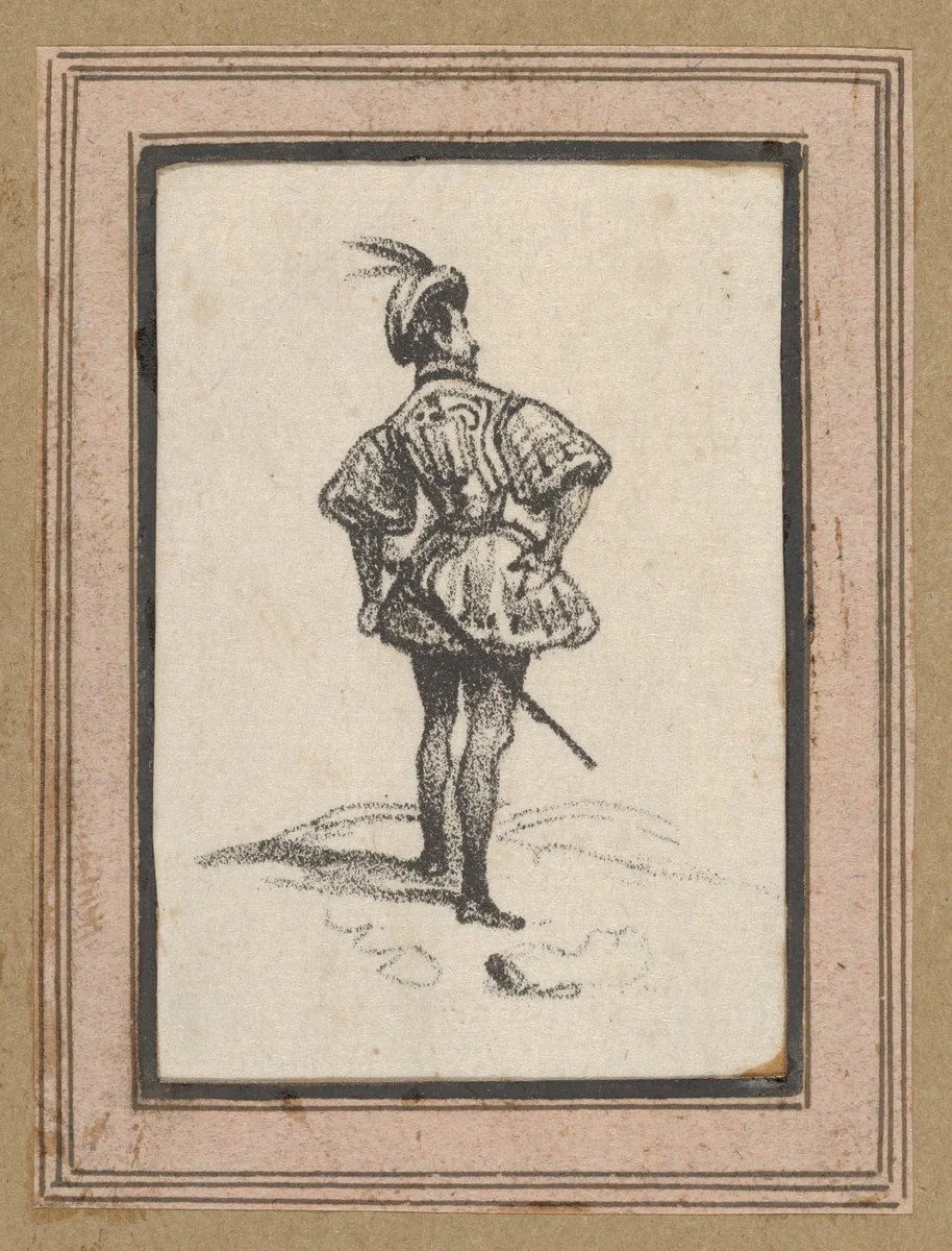 Man with sword and feathered hat, viewed from the back by Victor Adam, print, 1820-1866
