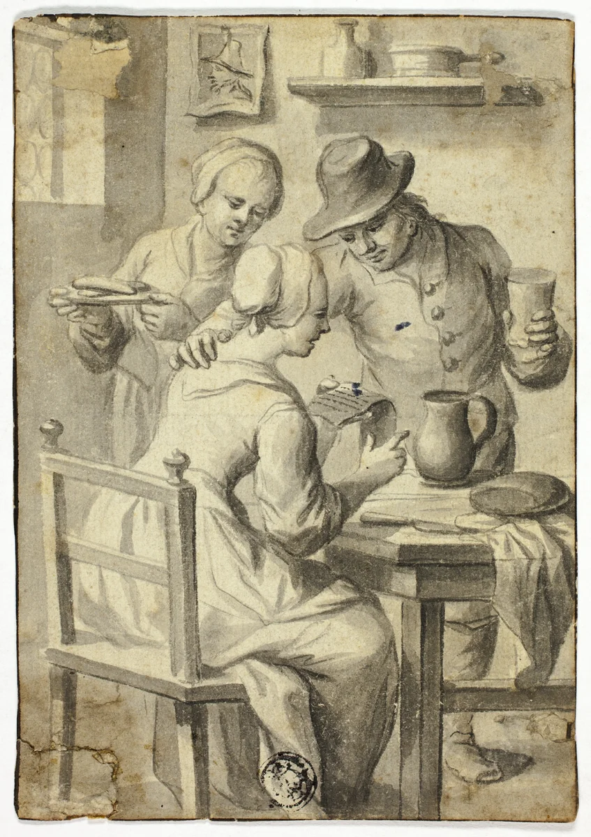 Woman Reading at Table While Man and Woman Listen In by Egbert van Heemskerk, drawing, 1654-1704