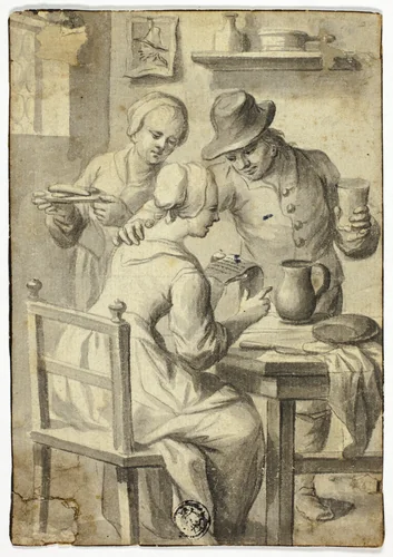 Woman Reading at Table While Man and Woman Listen In by Egbert van Heemskerk, drawing, 1654-1704