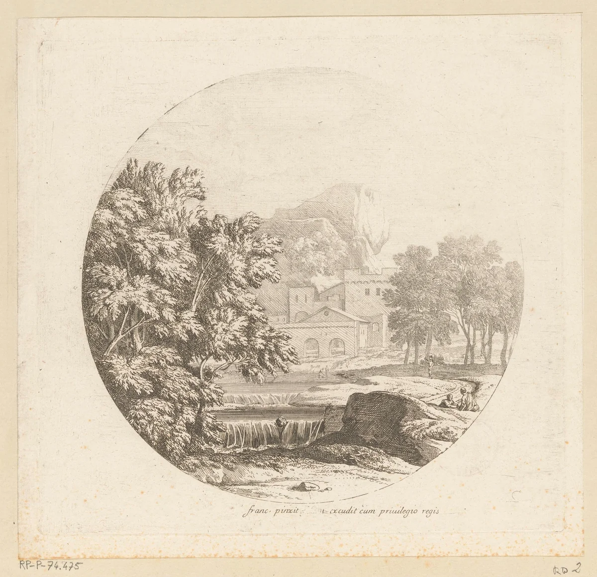 Arcadisch landschap met een dubbele cascade by Théodore, print, 1690-1730