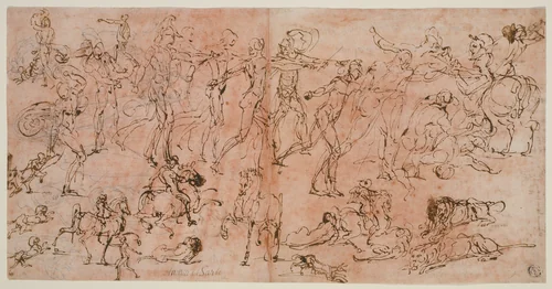Studies of Warriors, Horsemen, and Lions (recto); Studies of Heads and Nude Figures, Ceiling Plan, and Inscriptions (verso) by Pietro Buonaccorsi, drawing, 1528-1533