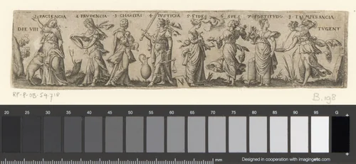 Fries met personificaties van acht deugden by Unknown, print, 1524-1562