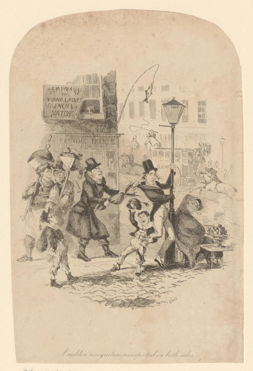 Man wordt op straat aan zijn kraag getrokken met een paraplu en grijpt zich vast aan een lantaarnpaal by Hablot Knight Browne, print, 1838-1839