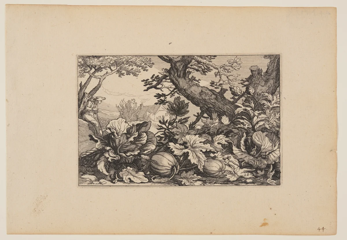 Tree and Melons, from Landscapes (Verscheyden aerdige Lanthuysen...) by Claes Jansz Visscher, print, 1620