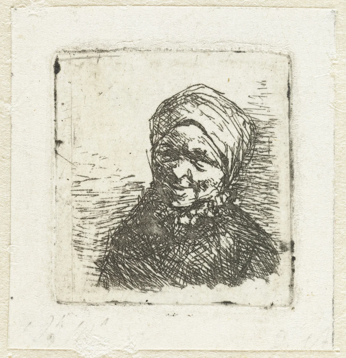 Buste van een lachende boerin by Adriaen van Ostade, print, 1650-1652