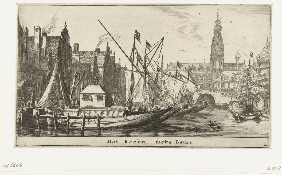 Het Rokin met de Beurs by Reinier Nooms, print, 1652-1654