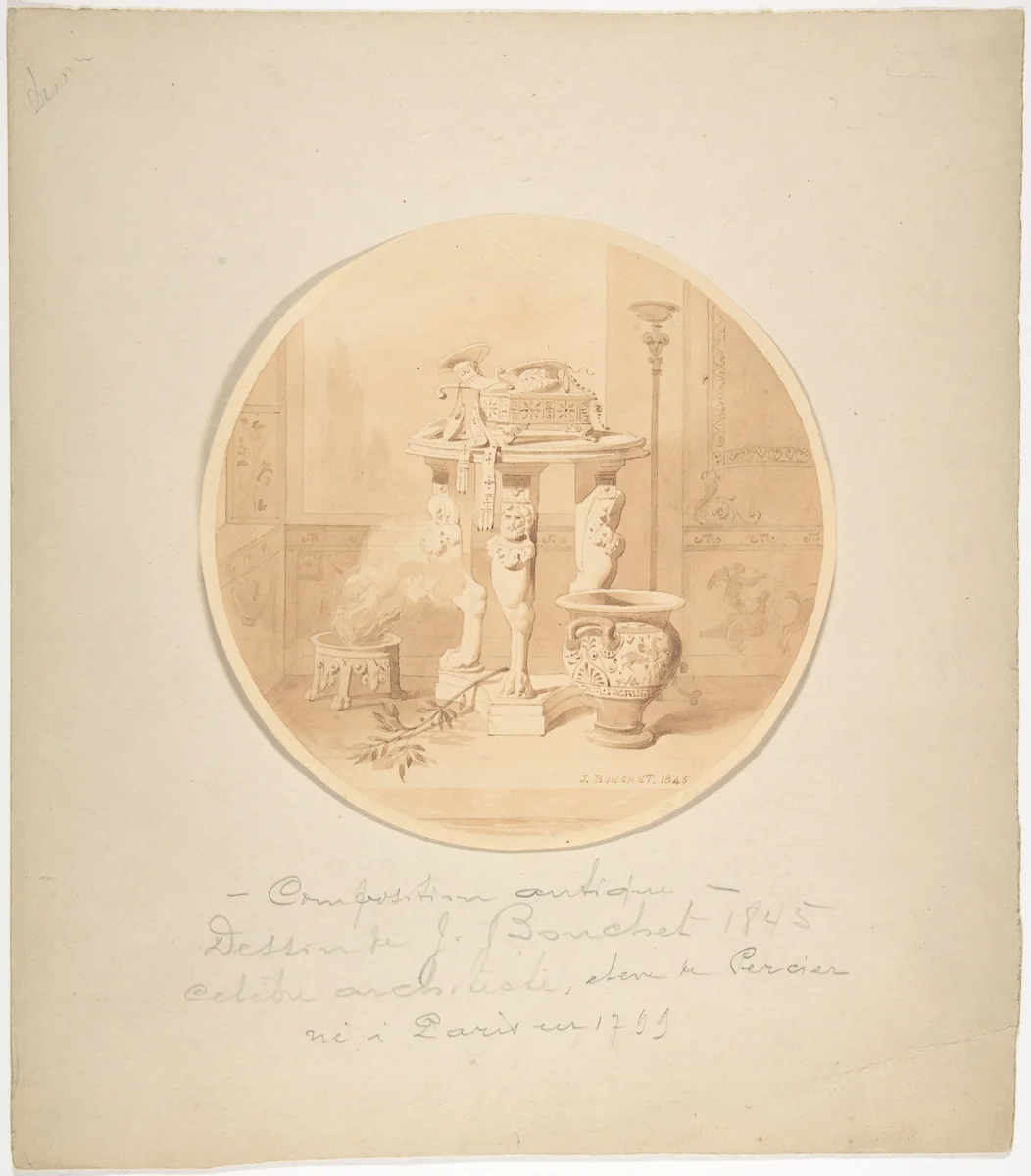 Circular Drawing of a Classical Interior with Fire in Brazier, Greek Vase and Circular Tripod Table by Jules-Frédéric Bouchet, drawing, 1810-1860