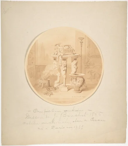 Circular Drawing of a Classical Interior with Fire in Brazier, Greek Vase and Circular Tripod Table by Jules-Frédéric Bouchet, drawing, 1810-1860
