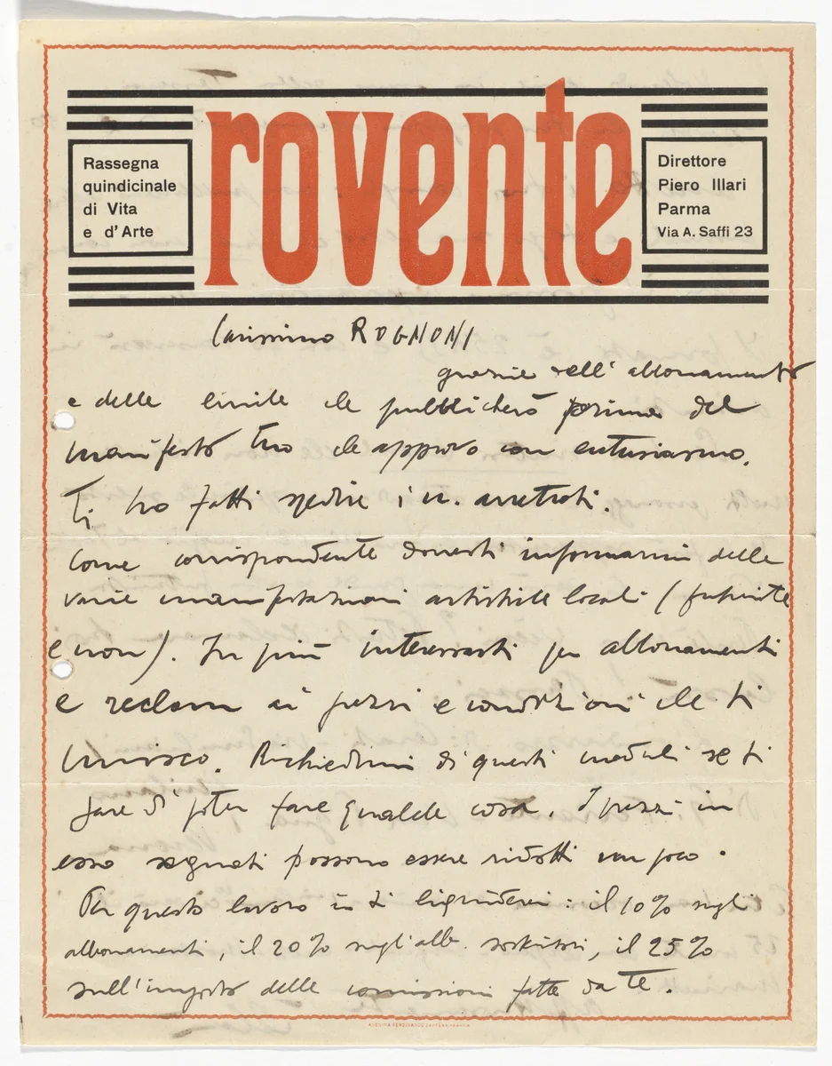 Rovente Magazine letterhead (Letter to Rognoni) by Unidentified Designer, design, 1924