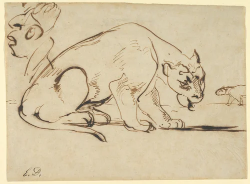A Lioness and a Caricature of Ingres by Eugène Delacroix, drawing, 1850-1859
