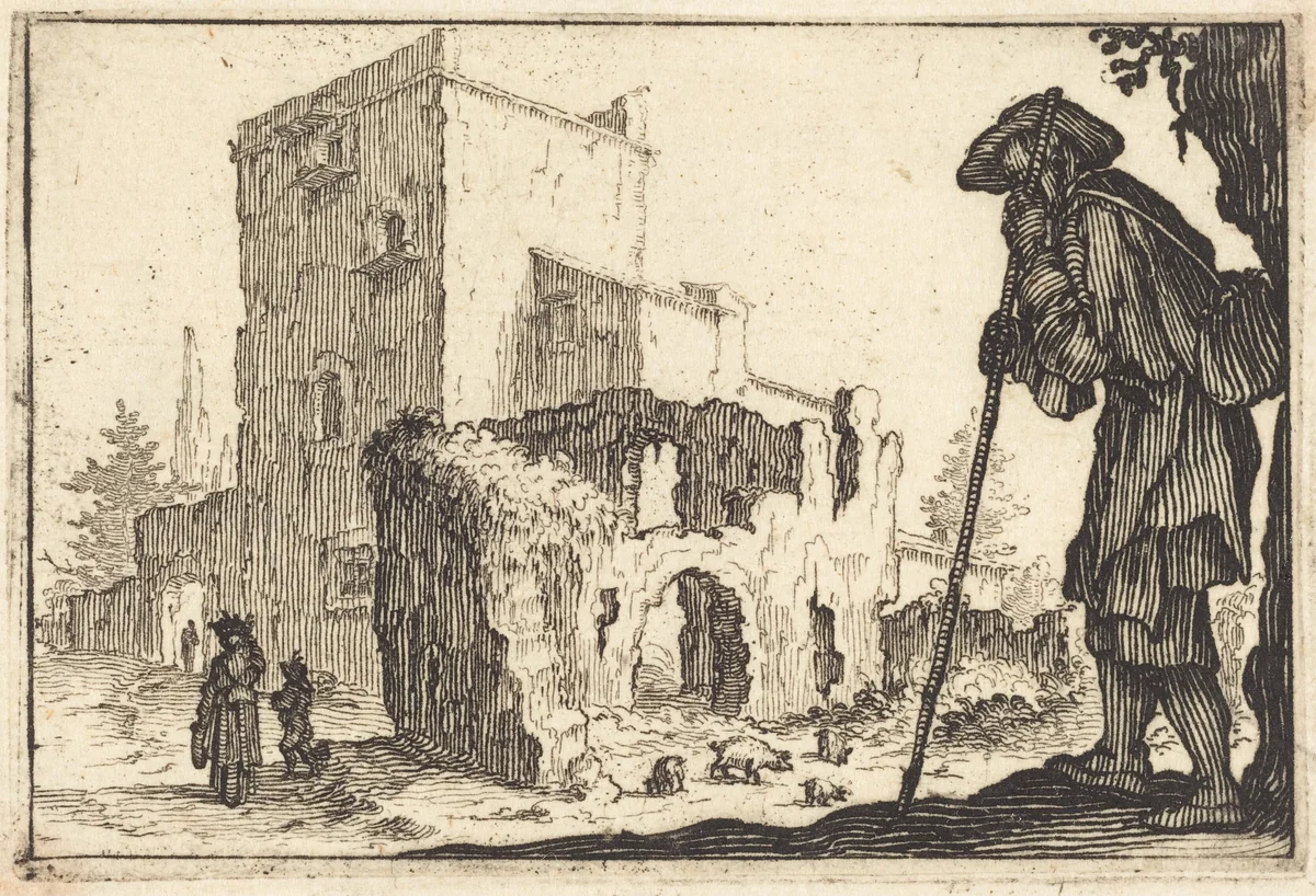 Shepherd and Ruins by Jacques Callot, print, 1617