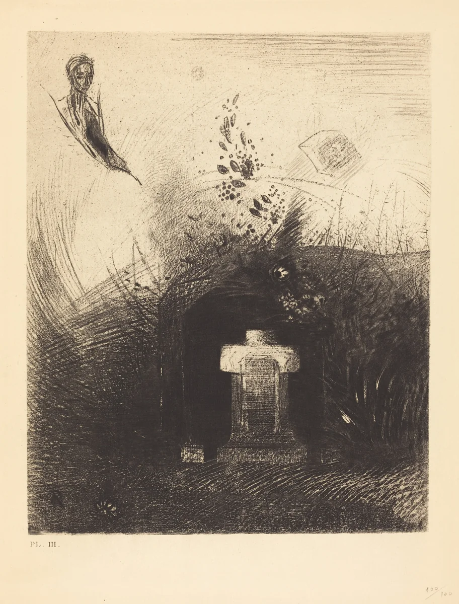Si par une nuit lourde et sombre, un bon chretien, par charite, derriere quelque vieux decombre, enterre votre corps voute (If on a close dark night a good Christian, out of charity, behind some old ruin, buries your arched body) by Odilon Redon, portfolio, 1890