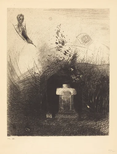 Si par une nuit lourde et sombre, un bon chretien, par charite, derriere quelque vieux decombre, enterre votre corps voute (If on a close dark night a good Christian, out of charity, behind some old ruin, buries your arched body) by Odilon Redon, portfolio, 1890