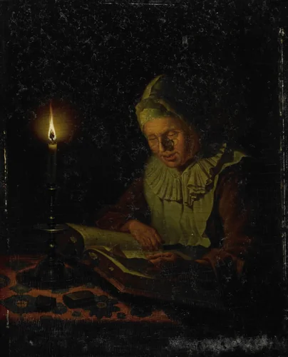 Old Woman Reading by Adriaan Meulemans, painting, 1800-1833