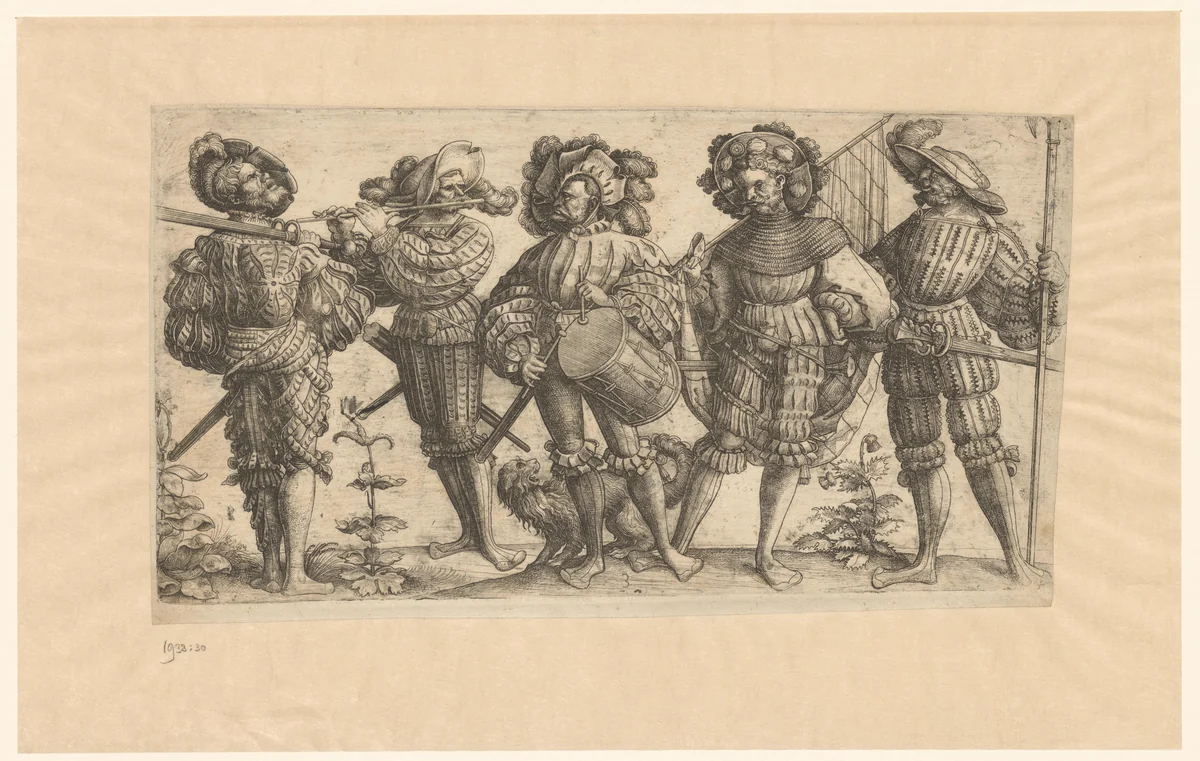 Vijf landsknechten by Unknown, print, 1504-1536