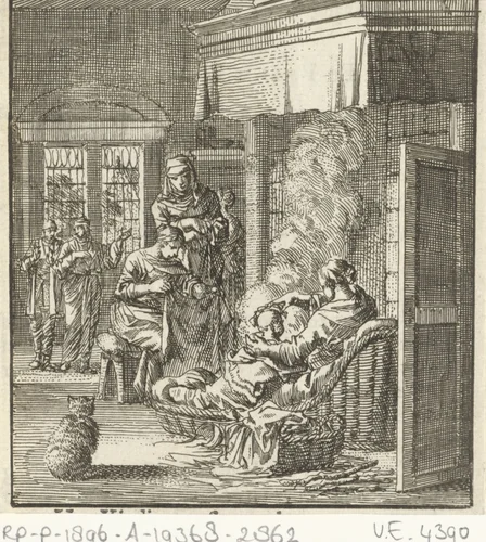 Moeder met kind voor de openhaard by Jan Luyken, print, 1712