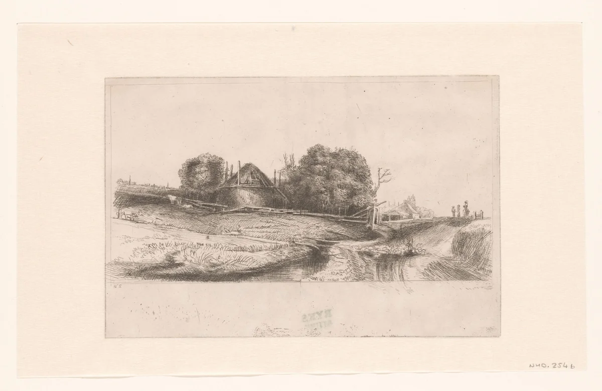 Cottages and a hay barn on the Diemerdijk with a flock of sheep by Claude Henri Watelet, print, 1728-1786